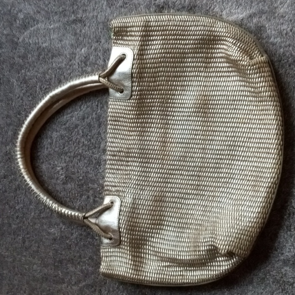 Monsac gold metallic woven wicker look mixed material bag